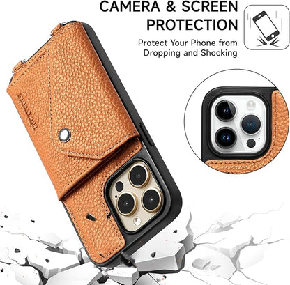 LUCKYCOIN Crossbody Wallet Phone Case for iPhone 15 Pro Max,100% Genuine Leather Wallet Phone Case with Expandable Flip Card Holder,Phone Purse for Women with Adjustable Removable Strap - Pebble Brown