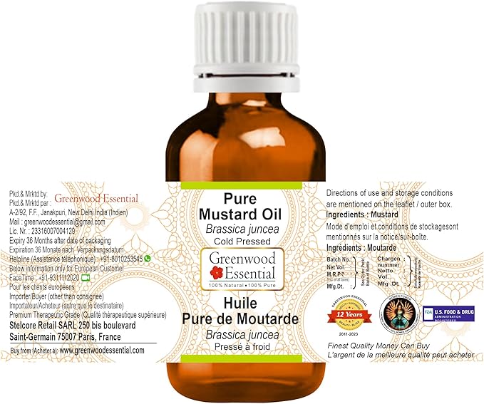 Greenwood Essential Mustard Oil (Brassica juncea) | Cold Pressed | Natural | Undiluted | For Diluting Essential Oils | For Skin & Massage | Men & Women | 5ml (0.16 oz)