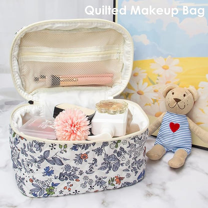 PAZIMIIK Quilted Makeup Bag Large Travel Zipper Soft Cosmetic Case for Women Girls Make Up,Leaf White