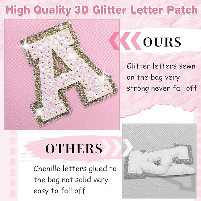 Small Personalized Initial A-Z Patch Makeup Bag,Pink Cute PU Leather Glitter Letter Cosmetic Bag for Teen Girls,Travel Toiletry Bag with Zipper,Preppy Monogrammed Birthday Gift for Daughter Niece E