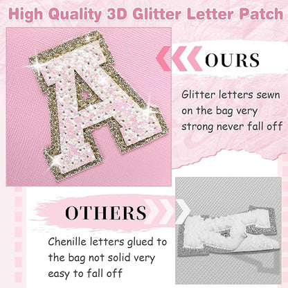 Small Personalized Initial A-Z Patch Makeup Bag,Pink Cute PU Leather Glitter Letter Cosmetic Bag for Teen Girls,Travel Toiletry Bag with Zipper,Preppy Monogrammed Birthday Gift for Daughter Niece D