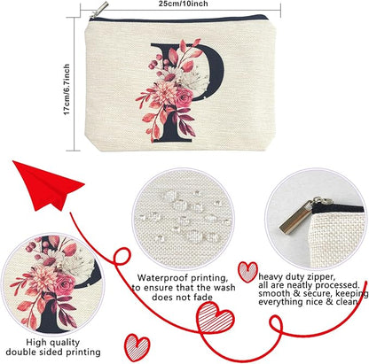 Initial A-Z Personalized Floral Makeup Bag, Monogrammed Birthday Gifts for Women Mom, Mothers Day Christmas Gift Ideas for Best Friend, Bride Bridesmaid, Her, Grandma, Small Travel Cosmetic Bag (P)