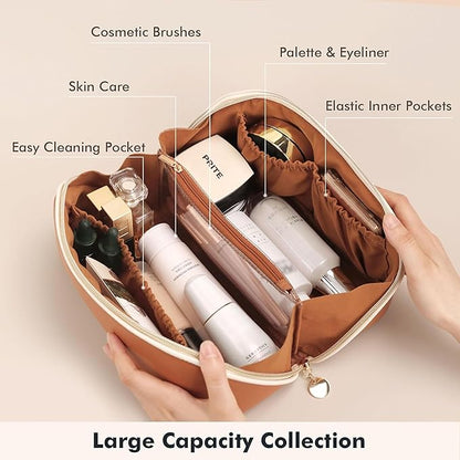 Prite Makeup Bag for Women Travel Waterproof Vegan Leather Cosmetic Bag Open Flat Toiletry Bag With Clear Divider and Handle (Brown)