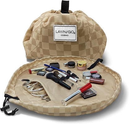 Lay-n-Go Cosmo Layflat Drawstring Cosmetic & Makeup Bag Organizer - Portable Drawstring Bag w/Zipper Pocket, Makeup Loops & More - Durable, Machine Washable Toiletry Bag for Travel (20", Checked)