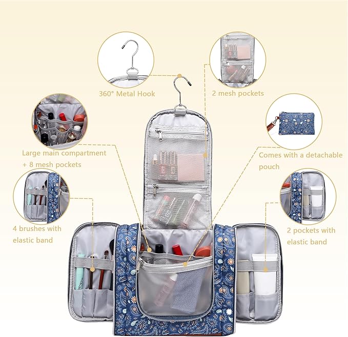 Hanging Toiletry Bag for Women, Travel Makeup with Metal Swivel Hook, Organizer for Full Sized Cosmetics and Toiletries,Water-Resistant Nylon,Paisley Floral