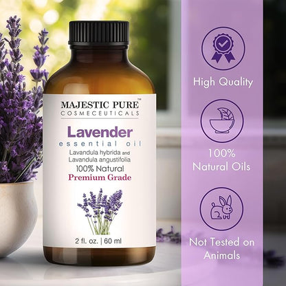 Majestic Pure Lavender Essential Oil with Glass Dropper - 2 Fl Oz - 100% Pure and Natural Lavender Oil - Premium Grade Essential Oils for Diffuser, Aromatherapy, Soap and Candle Making
