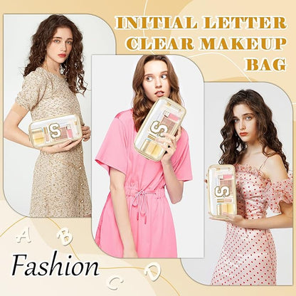 Personalized Initial Letter Clear Makeup Bag,Preppy Small Nylon&PVC Cosmetic Zipper Bag with Chenille Letter,Portable Beach Travel Skincare Toiletry Bag,Trendy Monogram Gift for Teen Girls Women,S