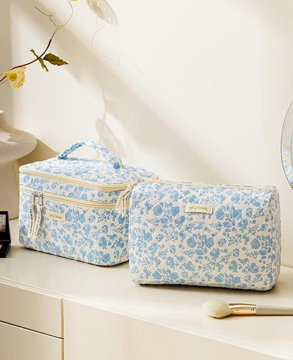 HBselect 2Pcs Travel Makeup Bag, Large Cotton Quilted Makeup Bag Cosmetic Bag Cute Make up Bag Toiletry Bags for Women Girls
