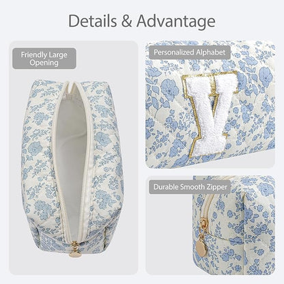 Gleyemor Personalized Initial Makeup Bag for Women, Cute Quilted Blue Floral Cotton Cosmetic Bag, Christmas Gifts for Her Mom Friend Sister Bridesmaid Teacher Women V