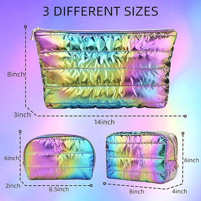 Hiroyuki Iridescent Quilted Makeup Bag, 3pcs Cute Makeup Bag Set, Large Capacity Cosmetic Organizer Travel Toiletry Pouch (plain, rainbow)