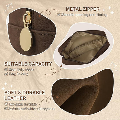 Small Makeup Pouch for Purse, Suede Travel Toiletry Storage Pouch Cute Preppy Cosmetic Bag for Women Girls, Waterproof Makeup Organizer Skincare Bag Purse with Zipper (Small-Coffee)
