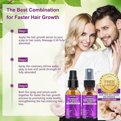 Rosemary Oil Hair Growth Serum W/Rosemary Water & Rice Water Spray Hair Growth,Biotin Castor Oil Argan Oil Caffeine Keratin Reduce Hair Loss,Restore Dry Damaged Hair Regrowth Treatments for Women Men