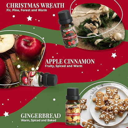 SALKING Christmas Fragrance Oils, Premium Essential Oil for Diffuser, Scented Oil Gift Set for Soap Candle Making - Christmas Wreath, Apple Cinnamon, Gingerbread, Candy Cane, Christmas Pudding, Eggnog