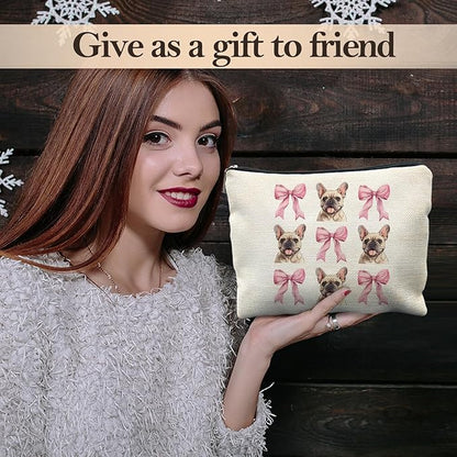 French Bulldog Makeup Bag, Coquette Pink Bow Frenchie Dog Cosmetic Bags for Women, French Bulldog Gifts Makeup Pouch, Frenchie Mom Gifts Zipper Pouch