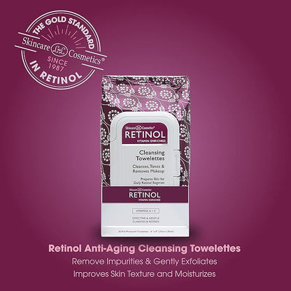 LIVAURA Retinol Anti-Aging Cleansing Towelettes – All-in-One Cleanser, Toner & Makeup Remover in a Convenient Pre-Moistened Wipe – On-The-Go Exfoliating, Toning & Hydrating Leaves Skin Clean