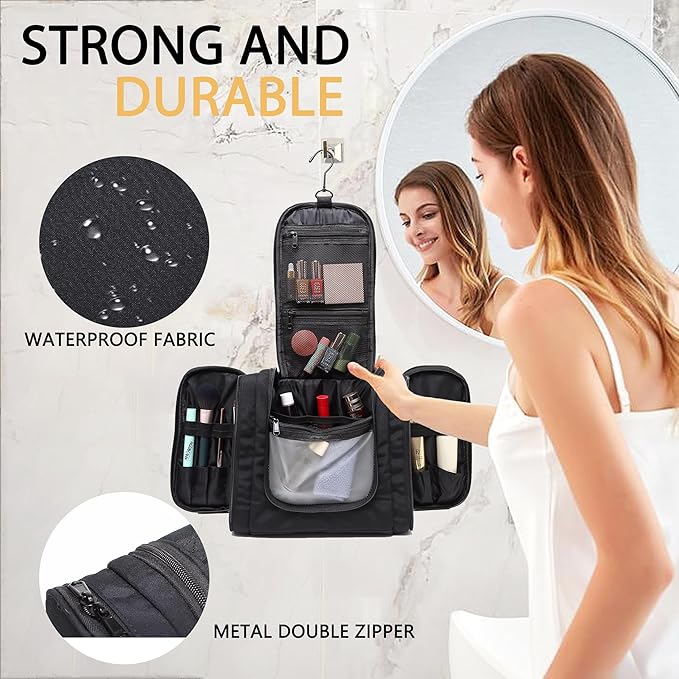 Hanging Toiletry Bag for Men and Women, Travel Makeup with Metal Swivel Hook, Large Organizer for Full Sized Cosmetics and Toiletries, Water-Resistant Nylon, Black