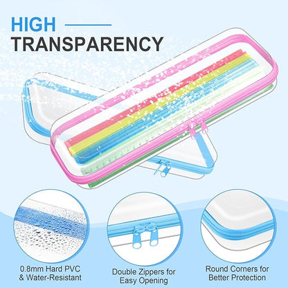 Hoolerry 4 Pcs Hard Clear Zipper Case Makeup Bags Plastic Pencil Pouch Transparent Storage Box Containers for Cosmetics, Snacks, Building Blocks, Puzzles(Pastel,13.2 x 4.7 x 2.4 in)