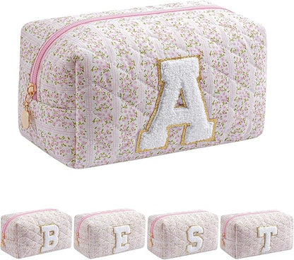 JOVAKIT Makeup Bag Cosmetic Bags for Women, Christmas Gifts for Girls Age 6-18, Alphabet Pink Floral Coquette Zipper Travel Makeup Pouch, Organizer Case Trendy Stuff (Pink Floral A)
