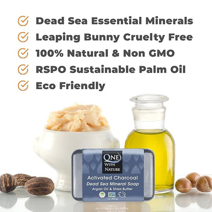One With Nature Activated Charcoal Soap 4oz 6-Pack Gift Box – Detoxifying and Exfoliating Charcoal Soap Bar with Dead Sea Salt for Face & Body, for Men & Women