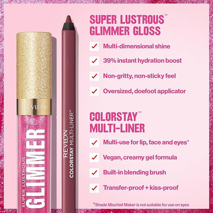 REVLON Super Lustrous Glimmer Gloss and ColorStay Multi-Liner Bundle, Glazed Almond and Off Roading, Pack of 2