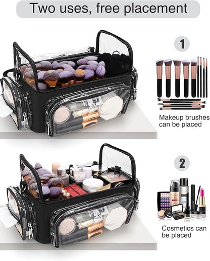 Makeup Brush Bag, Makeup Brush Case for Makeup Artist with Plastic Dividers Washable, Portable Travel Makeup Train Case with Clear Waterproof Cover for Easy to Clean and Find with Adjustable Strap