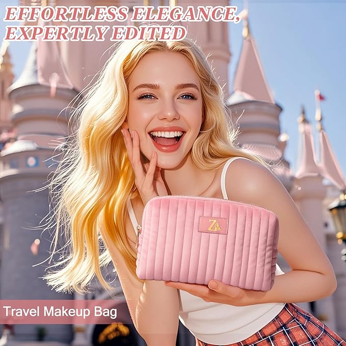 Monogrammed Make Up Bags for Women,Personalized Cosmetic Bags Women,Small Quilted Makeup Pouch,Cute Makeup Bag Travel,Birthday Gifts for Teen Girl (Pink Z)