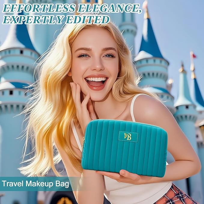 Monogrammed Make Up Bags for Women,Personalized Cosmetic Bags Women,Small Quilted Makeup Pouch,Cute Makeup Bag Travel,Birthday Gifts for Teen Girl (Blue B)