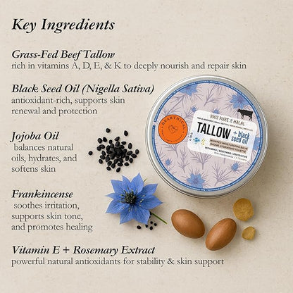 Halal Grass Fed Beef Tallow For Skin – 70g Organic Beef Tallow Moisturizer – Beef Tallow Face Moisturizer & Beef Tallow Face Cream – Pure Beef Tallow Balm with Black Seed and Jojoba