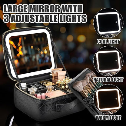 Makeup Travel Train Case with Mirror LED Light 3 Adjustable Brightness Cosmetic Bag Portable Storage Adjustable Partition Waterproof Makeup Brushes Makeup Jewelry Gift for Women
