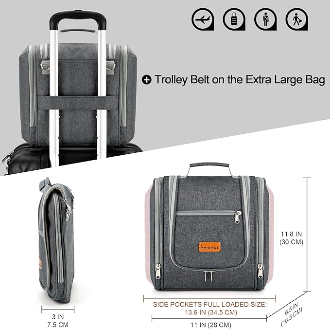 Hanging Toiletry Bag for Women & Men, Cruise Ship Travel Essentials, Holds Full Size Shampoo, with Dry and Wet Separation Cosmetic Bag, Makeup Organizer Bag, Bathroom Water-resistant Bag, Grey