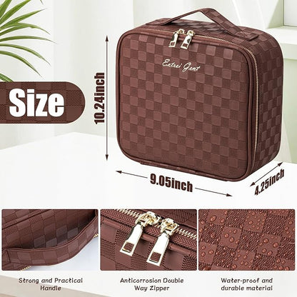 Makeup Travel Train Case with Mirror LED Light 3 Adjustable Brightness Large Cosmetic Bag Portable Storage Adjustable Partition Waterproof Makeup Brushes Make up Jewelry Gift for Women