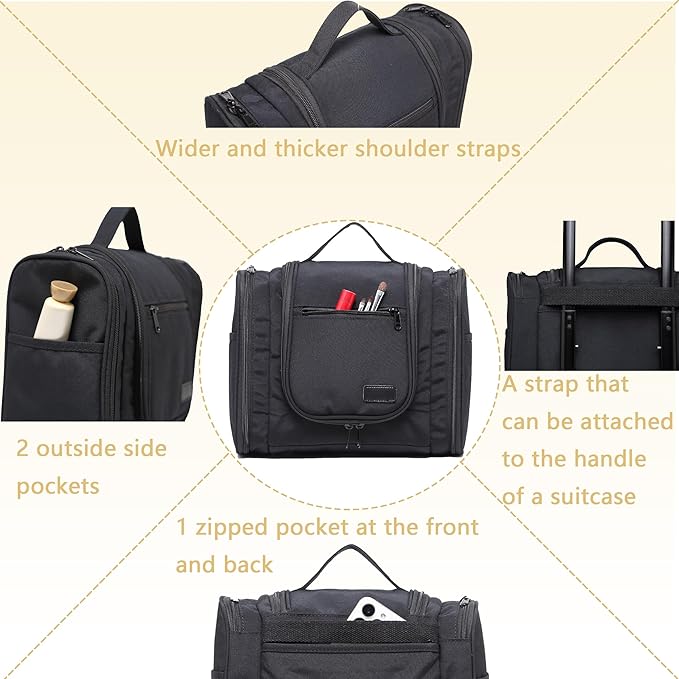 Hanging Toiletry Bag for Men and Women, Travel Makeup with Metal Swivel Hook, Large Organizer for Full Sized Cosmetics and Toiletries, Water-Resistant Nylon, Black