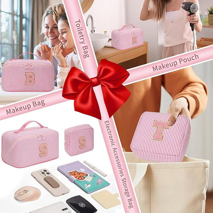 Travel Makeup Bag for Women, 2Pcs Portable Personalized Initial Makeup Organizer Bag, Open Flat Large Cosmetic Bag With Travel Essential Pouch (Pink Letter V)