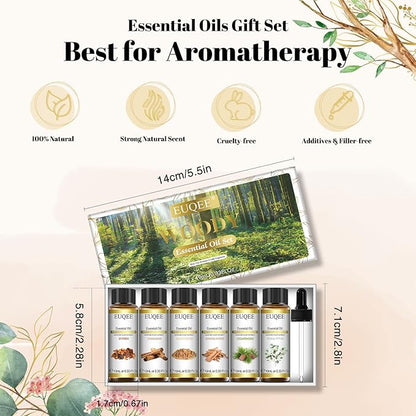 EUQEE 10ml Woody Essential Oils Set - Pure & Nature Essential Oils for Aromatherapy, Diffuser, Candle Making, Massage - Eucalyptus, Cedarwood, Sandalwood, Frankincense, Cinnamon