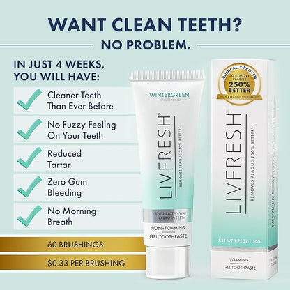 LIVFRESH Toothpaste Gel, Clinically Proven to Remove Plaque 250% Better, Improves Gum Health 190% Better, Prevents & Reduces Tartar, Freshens Breath, SLS Free Dental Gel, Wintergreen, 3 Pack