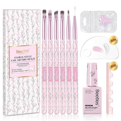 Beetles Gel Polish Nail Art Brushes Set 6 Pcs Nail Brush and 8 ml Pink Painting Gel, Floral Pattern Handle Gradient Bristles Fingernail Art Pens DIY with Bowknot Accessories Manicure Design Tools Set
