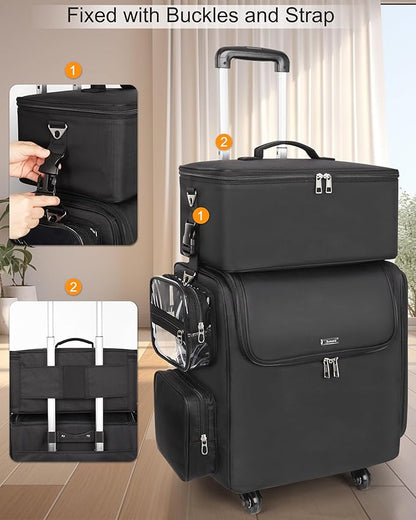 Relavel Rolling Makeup Train Case with Large Makeup Case, Hairstylist Traveling Bags with 5 Small Clear Bags, Cosmetology Case on Wheels, Hair Tools and Cosmetics Storage Organizer Trolley Suitcase