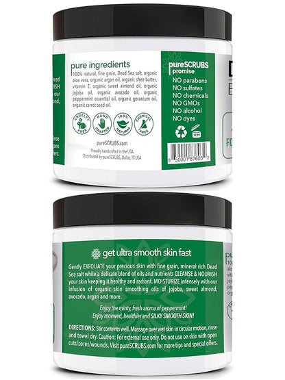 pureSCRUBS Premium Sea Salt Body Scrub Set - Large 16oz Peppermint Scrub With Infused Essential Oils & Nutrients, Includes Wooden Spoon, Loofah & Oatmeal Exfoliating Bar Soap