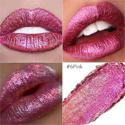 Glitter Lipstick Makeup, Holographic Metallic Pink Lip Stick Long Lasting Lightweight Non-Sticky Hydrating Lip Tinted Full Coverage Sparkling Shimmer Lipstick for Women