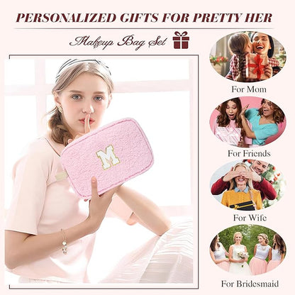 2PCS Makeup Bag with Initials, Christmas Day Gifts for Teen Girls Trendy Stuff, Personalized Cosmetic Travel Bag Pouch for Granddaughter, Cute Plush Make up Bags for Birthday - Pink M