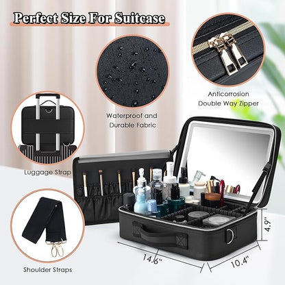 Travel Makeup Bag with LED Lighted Make up Case with Mirror 3 Color Setting Cosmetic Makeup Box Organizer Vanity Case for Women Beauty Tools Accessories Case Rechargeable (big black)
