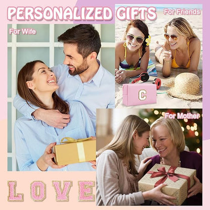 Personalized Initial Preppy Makeup Bag, Small Cute Pink Toiletry Pouch Monogram Cosmetic Travel Organizer with Zipper, PU Waterproof Glitter Make Up Bags Gift for Female Coworker Friends(Letter C)