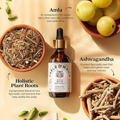 Fable and Mane Hair Oil - HoliRoots Strengthening Serum for Damaged, Frizzy Hair with Ashwagandha, Castor Oil & Scalp Treatment - 1.8FL oz