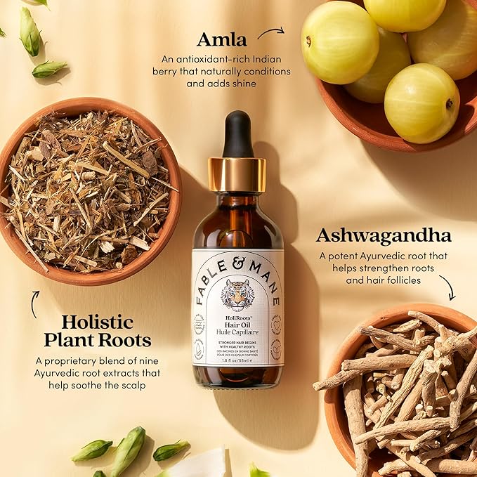 Fable and Mane Hair Oil - HoliRoots Strengthening Serum for Damaged, Frizzy Hair with Amla, Castor Oil for Hair Health - 3.4FL oz