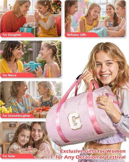 Teen Girl Gifts Trendy Stuff, Girls Travel Duffle Bag, Kids Initial Overnight Bags with Shoe Compartment, Personalized Weekender Bag with Makeup Pouch, Gift for 6 Year Old Kid (Letter T)