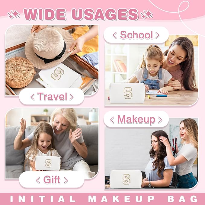 Small Initial Patch Makeup Bag Personalized Gifts Make Up Bag,White Cute PU Leather Glitter Letter Cosmetic Bag with Zipper,Trendy Portable Travel Toiletry Pouch,Preppy Stuff for Teen Girls Women S