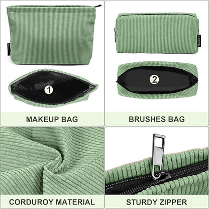 MAGEFY Makeup Bag 2 PCS Corduroy Make up Bag for Purse Travel Cosmetic Bag for Women Small Makeup Pouch Cute Makeup Brush Bag Preppy Stuff Travel Essentials - Green