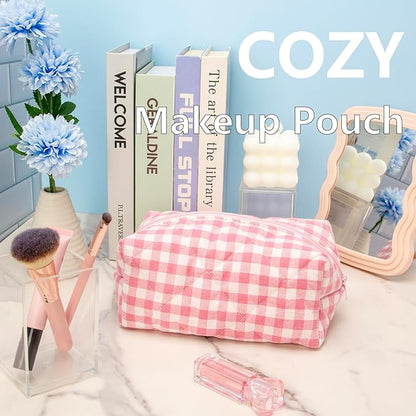 PAZIMIIK 2PCS Cozy Makeup Bag Travel Cosmetic Bag for Women Soft Toiletry Bag Aesthetic Makeup Organizer Portable Large Zipper Pouch for Skincare Beauty Accessories Brushes Pink Checkered