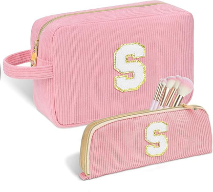 Personalized Initial Makeup Bag Trendy Stuff Corduroy Cosmetic Bag Travel Toiletry Bag for Women, Christmas/Thanksgiving/Halloween Gifts Makeup Organizer Case for Teen Girls Mom Girlfriend Wife - Pink