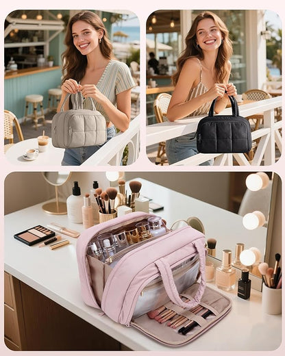 Travel Toiletry Bag for Women with Hanging Hook, Water Resistant Puffy Makeup Organizer with Leak Proof Pockets for Toiletries and Cosmetics - Pink (Bag Only)